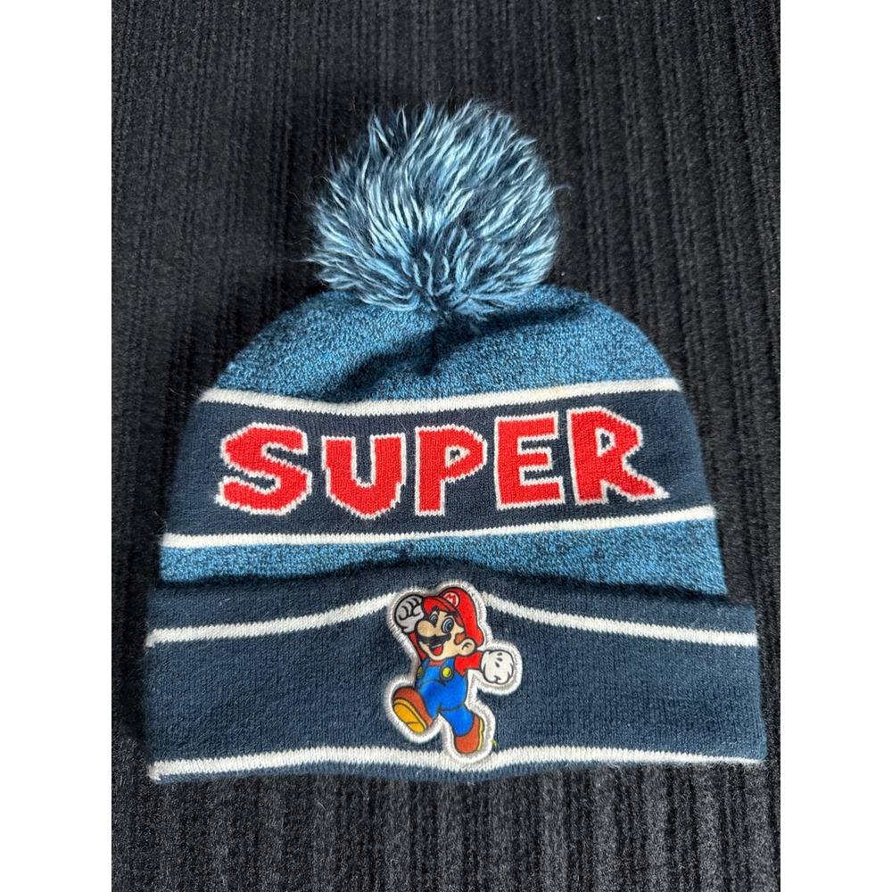 Nintendo Super Mario Bros Kids Boys Blue Knit Pom Beanie Hat